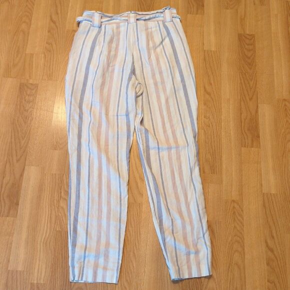 Express Ankle High Rise Pants Womens 6 Striped Linen Blend Tie Waist Belt Beachy - Picture 4 of 8